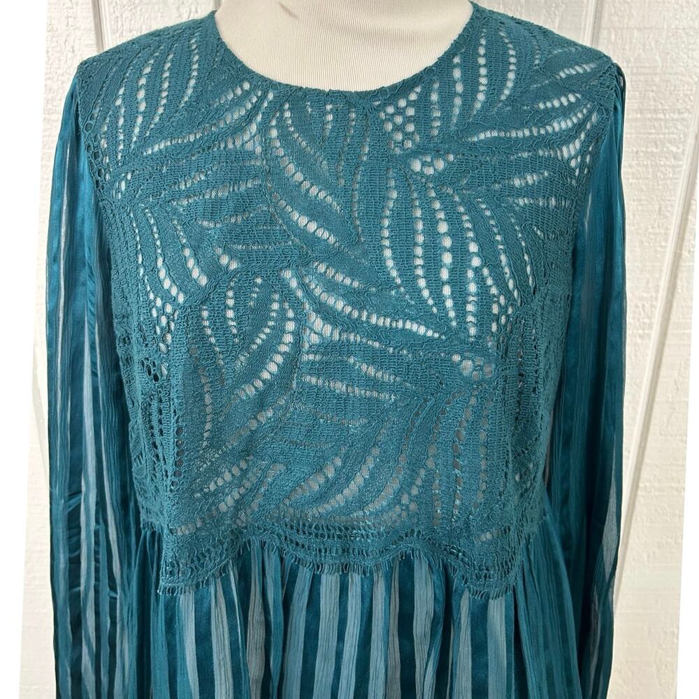 BCBG Maxazaria Teal Lace Sheer Stripe Babydoll Dress Long Sleeve S - Picture 4 of 9